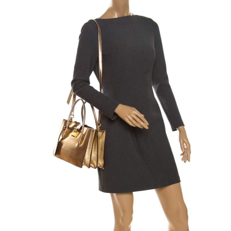 Pre Owned Miu Miu Metallic Gold Leather Medium Madras Tote with Wallet