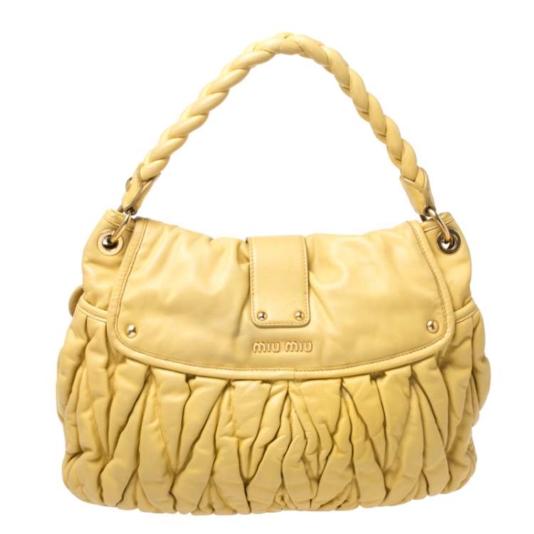 Pre Owned Miu Miu Yellow Matelassé Leather Coffer Hobo