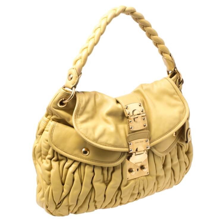 Pre Owned Miu Miu Yellow Matelassé Leather Coffer Hobo