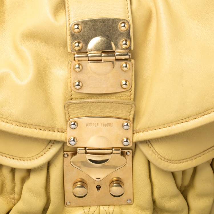 Pre Owned Miu Miu Yellow Matelassé Leather Coffer Hobo