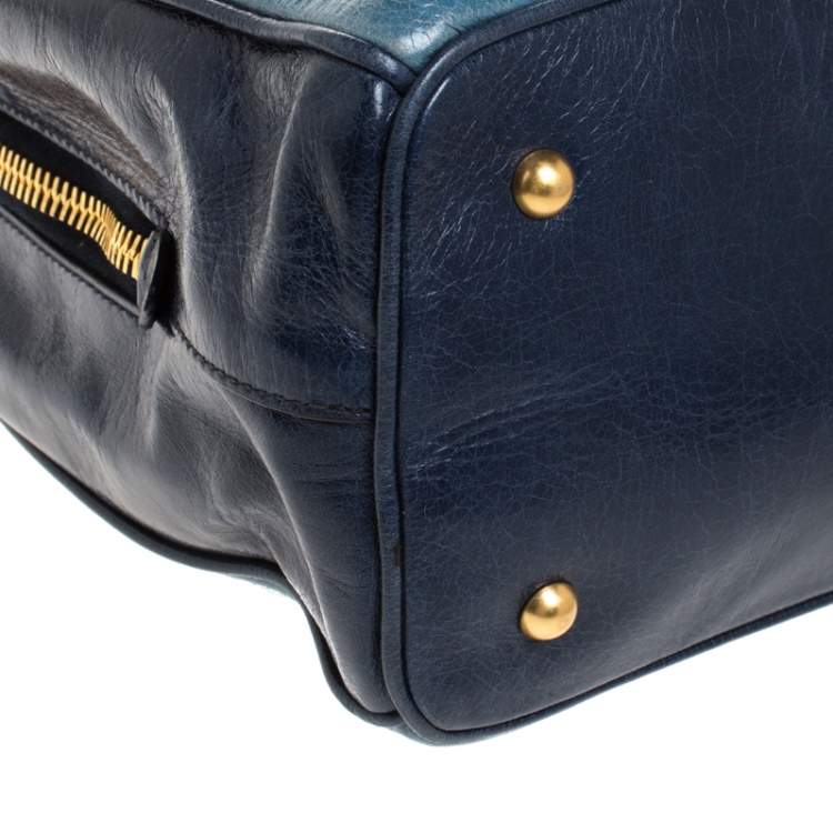 Pre Owned Miu Miu Blue Crackled Leather Zip Satchel