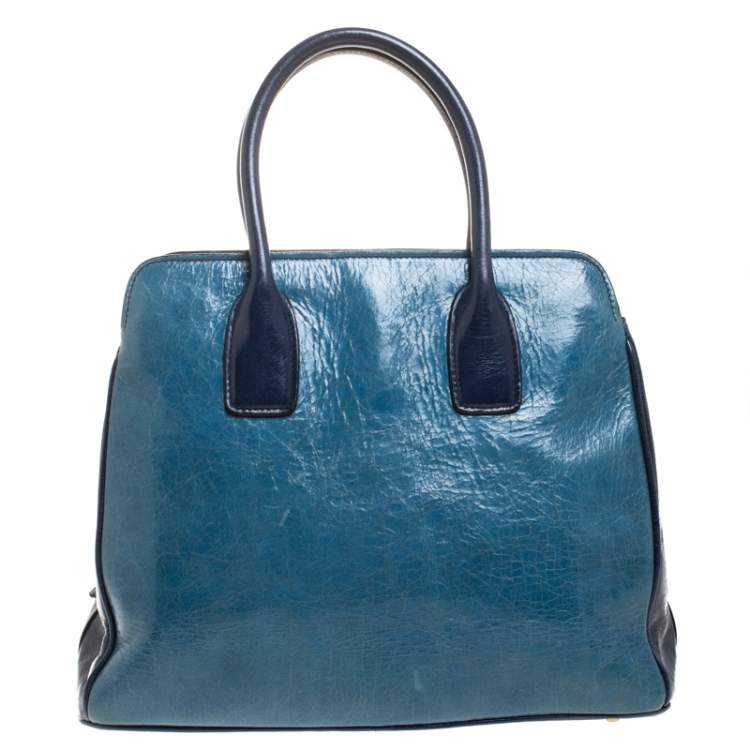 Pre Owned Miu Miu Blue Crackled Leather Zip Satchel