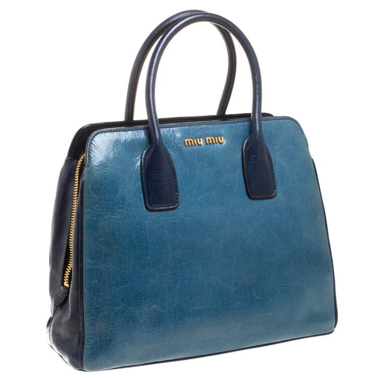 Pre Owned Miu Miu Blue Crackled Leather Zip Satchel