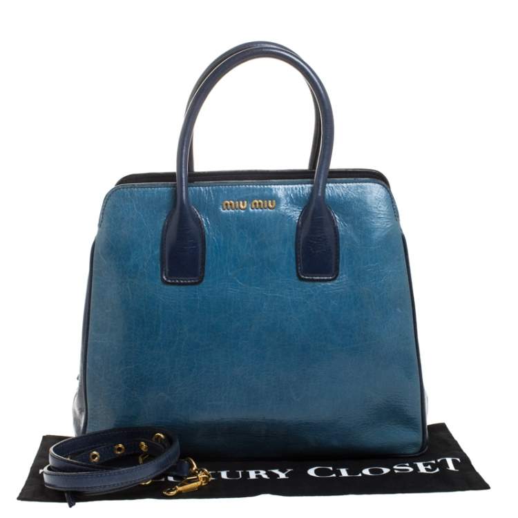 Pre Owned Miu Miu Blue Crackled Leather Zip Satchel