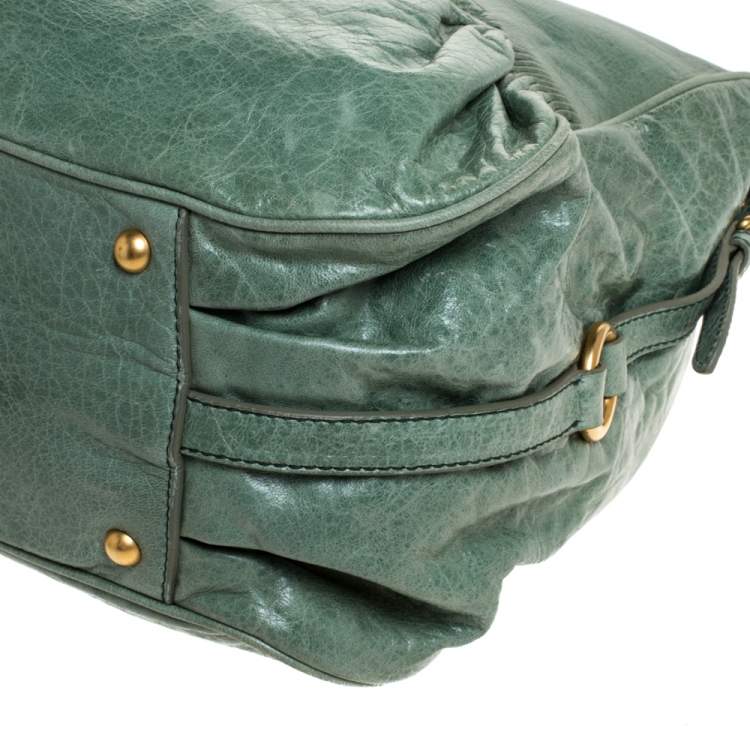 Pre Owned Miu Miu Green Leather Lily Distressed Shoulder Bag