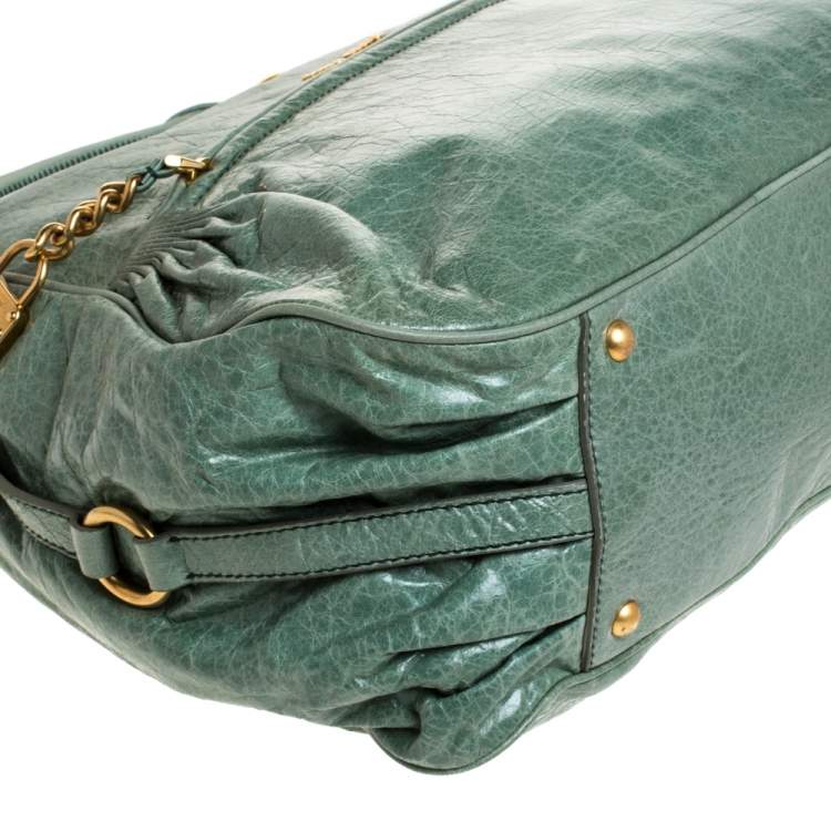 Pre Owned Miu Miu Green Leather Lily Distressed Shoulder Bag