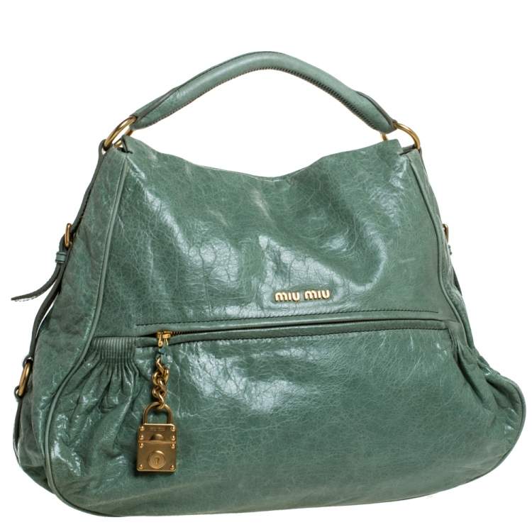 Pre Owned Miu Miu Green Leather Lily Distressed Shoulder Bag