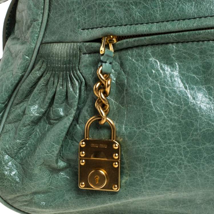 Pre Owned Miu Miu Green Leather Lily Distressed Shoulder Bag