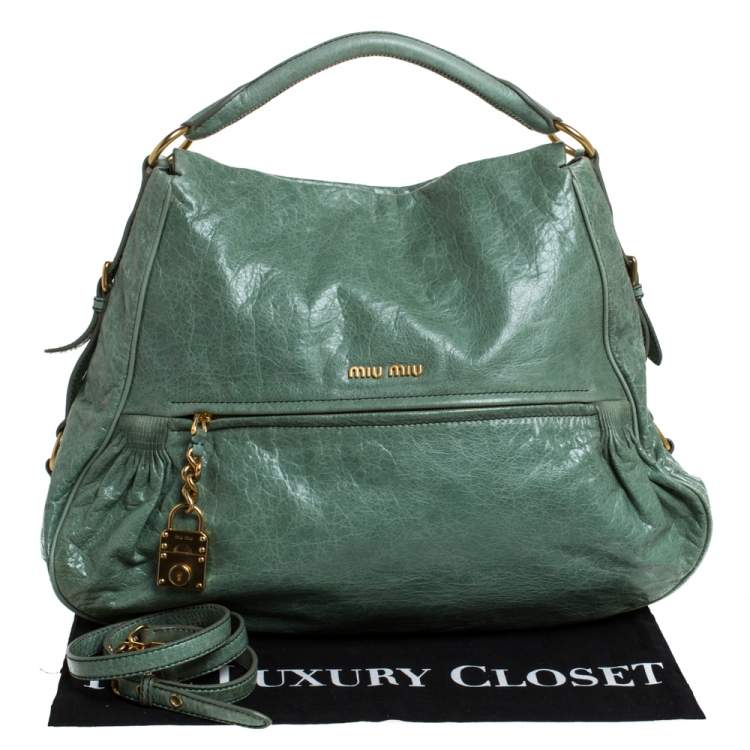 Pre Owned Miu Miu Green Leather Lily Distressed Shoulder Bag