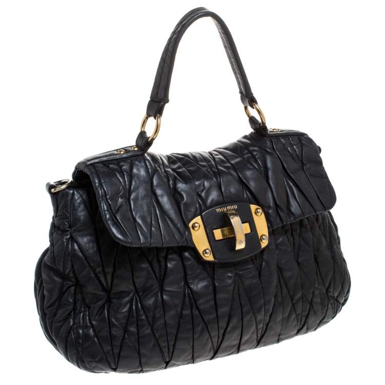 Pre Owned Miu Miu Black Matelasse Leather Bauletto Top Handle Bag