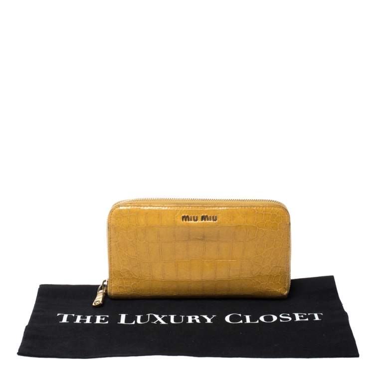 Pre Owned Miu Miu Yellow Croc Embossed Leather Zip Around Wallet
