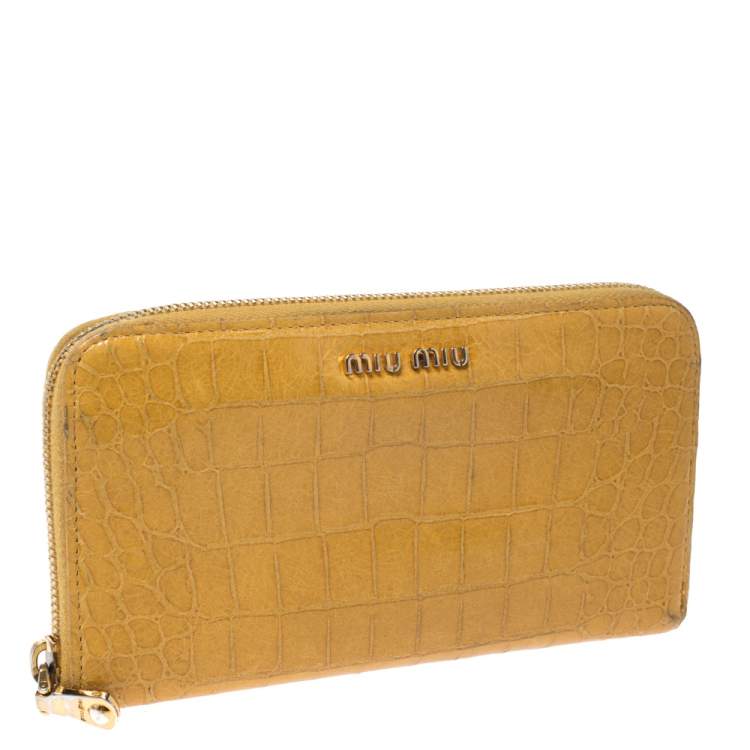 Pre Owned Miu Miu Yellow Croc Embossed Leather Zip Around Wallet