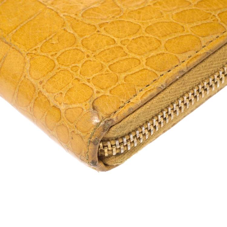 Pre Owned Miu Miu Yellow Croc Embossed Leather Zip Around Wallet