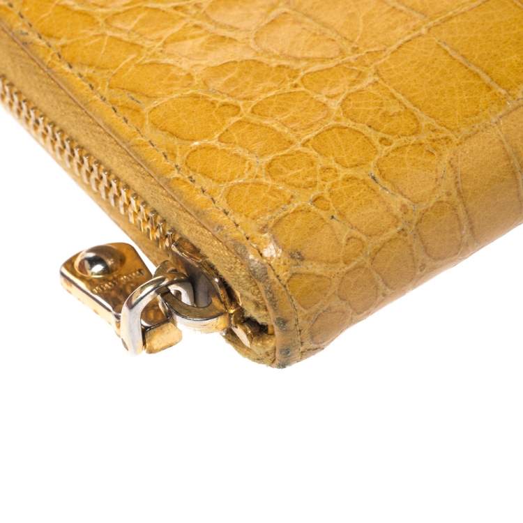 Pre Owned Miu Miu Yellow Croc Embossed Leather Zip Around Wallet