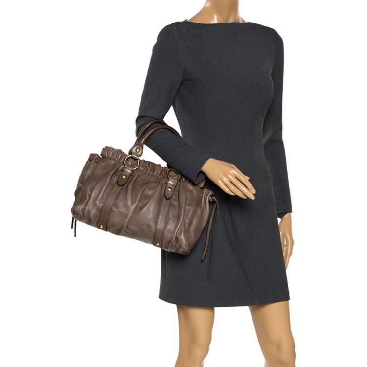 Pre Owned Miu Miu Khaki Matelasse Leather Satchel 