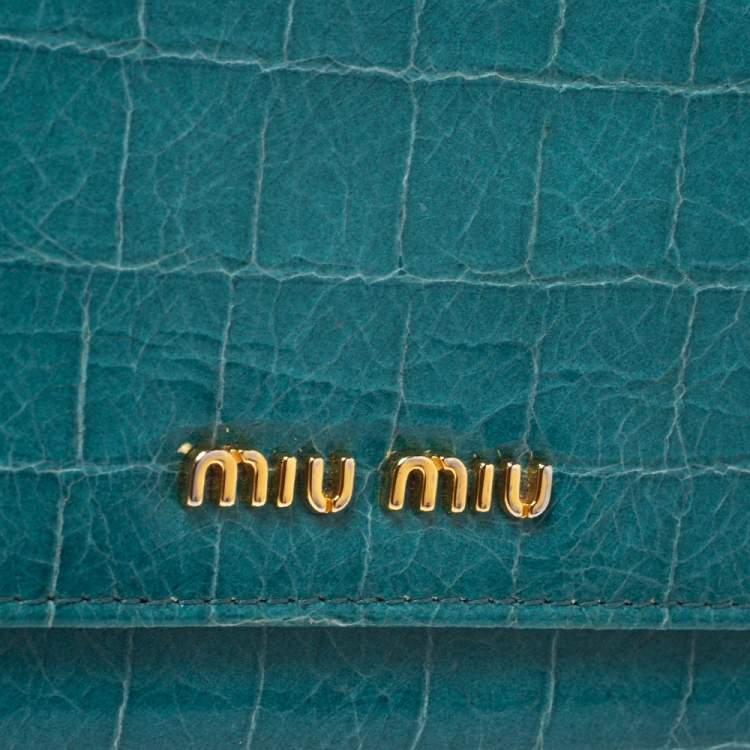 Pre Owned Miu Miu Turquoise Croc Embossed Patent Leather Flap Continental Wallet
