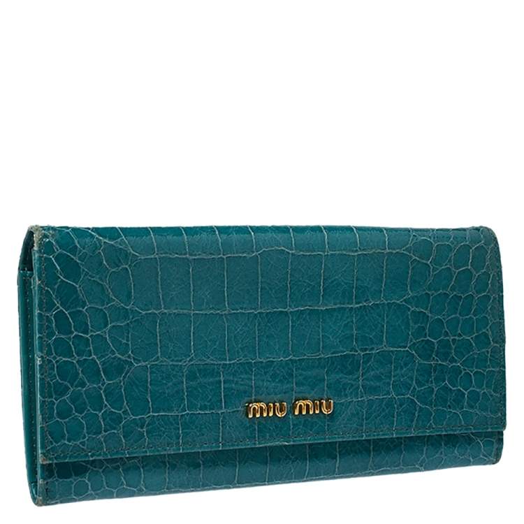 Pre Owned Miu Miu Turquoise Croc Embossed Patent Leather Flap Continental Wallet