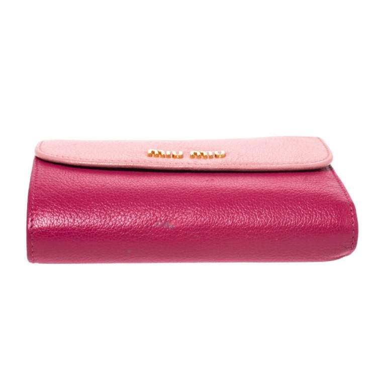 Pre Owned Miu Miu Two Tone Pink Leather Madras Compact Wallet