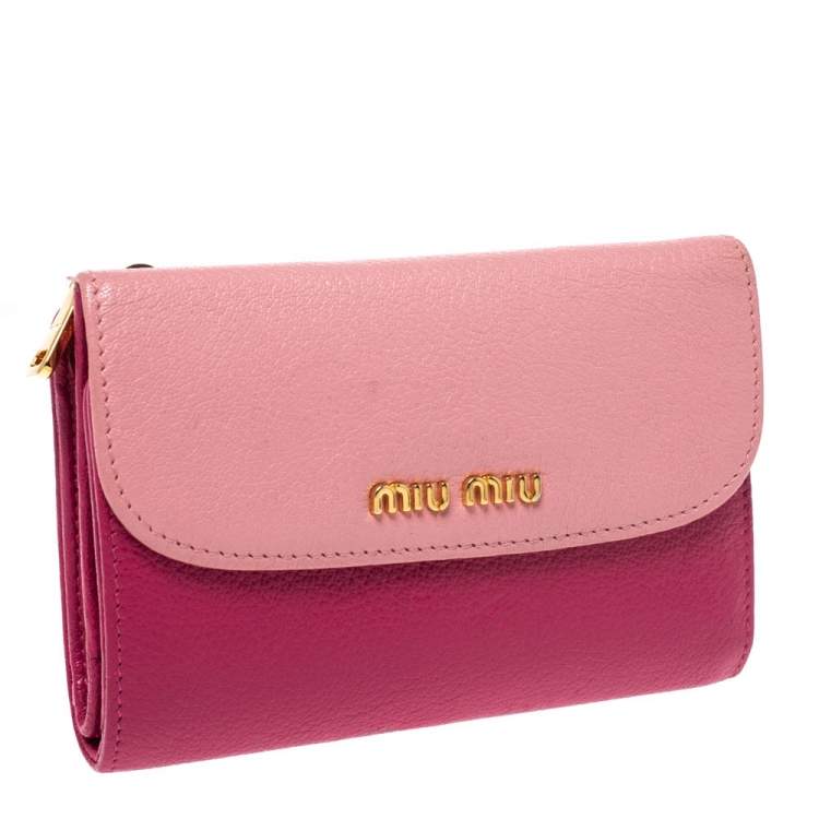 Pre Owned Miu Miu Two Tone Pink Leather Madras Compact Wallet