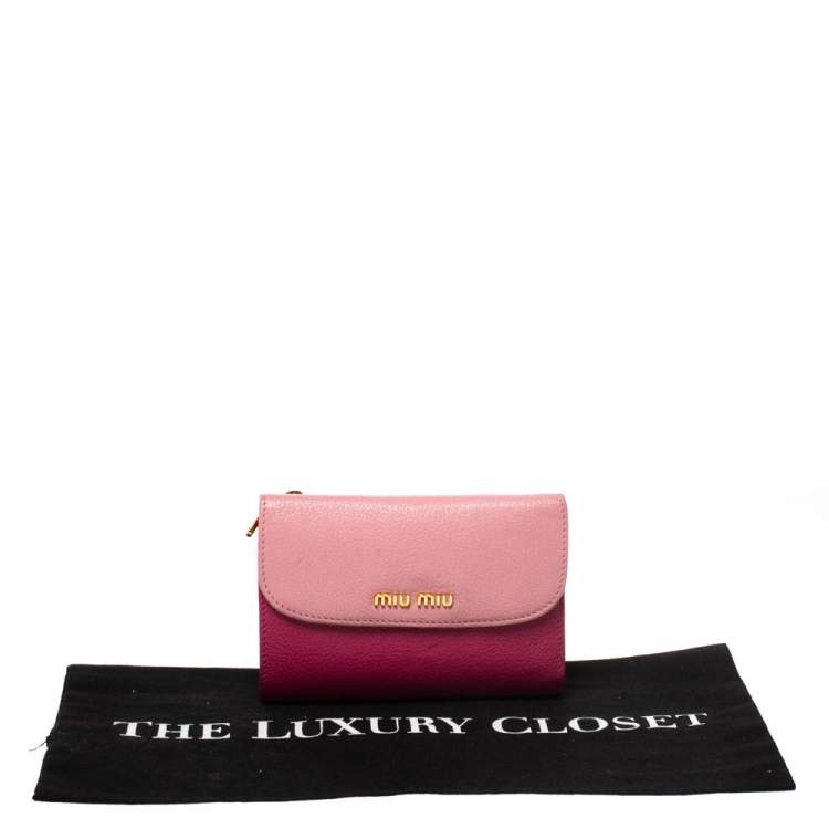 Pre Owned Miu Miu Two Tone Pink Leather Madras Compact Wallet