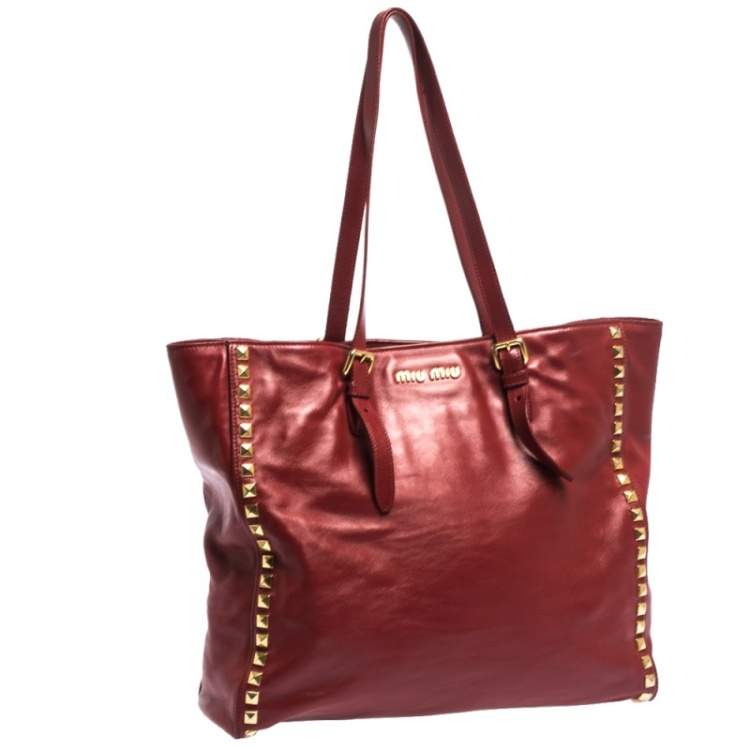 Pre Owned Miu Miu Red Leather Studded Tote