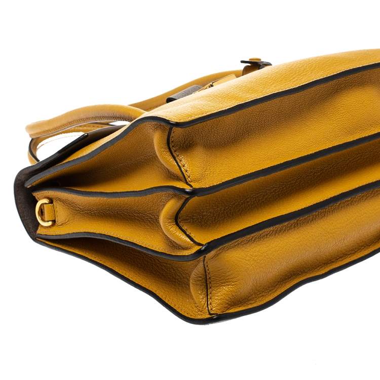 Pre Owned Miu Miu Mustard/Grey Madras Leather Push Lock Top Handle Bag