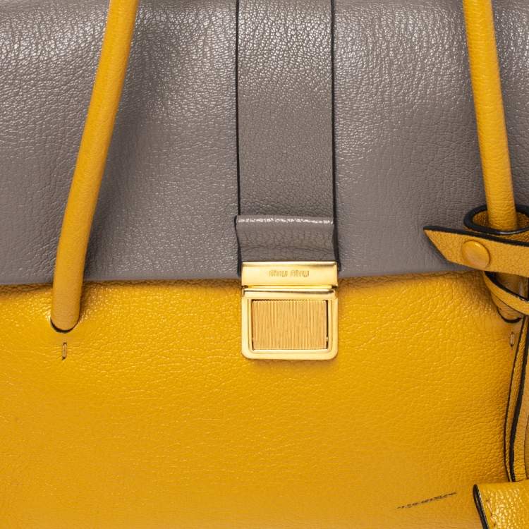 Pre Owned Miu Miu Mustard/Grey Madras Leather Push Lock Top Handle Bag