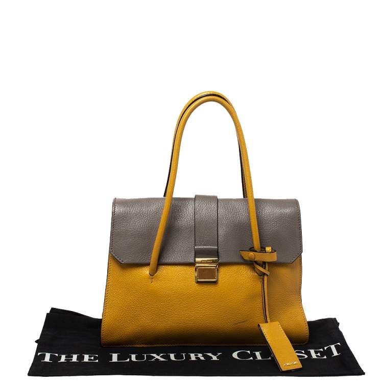 Pre Owned Miu Miu Mustard/Grey Madras Leather Push Lock Top Handle Bag