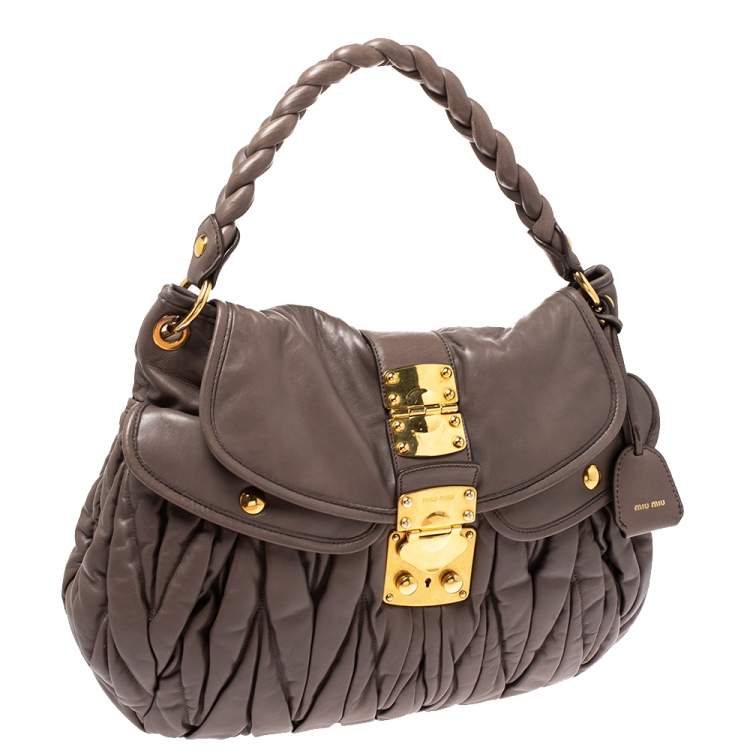 Pre Owned Miu Miu Taupe Matelasse Leather Coffer Hobo