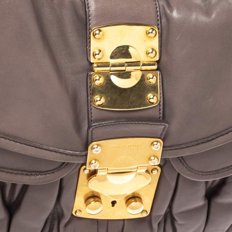 Pre Owned Miu Miu Taupe Matelasse Leather Coffer Hobo