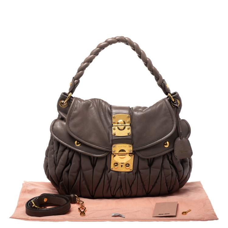 Pre Owned Miu Miu Taupe Matelasse Leather Coffer Hobo