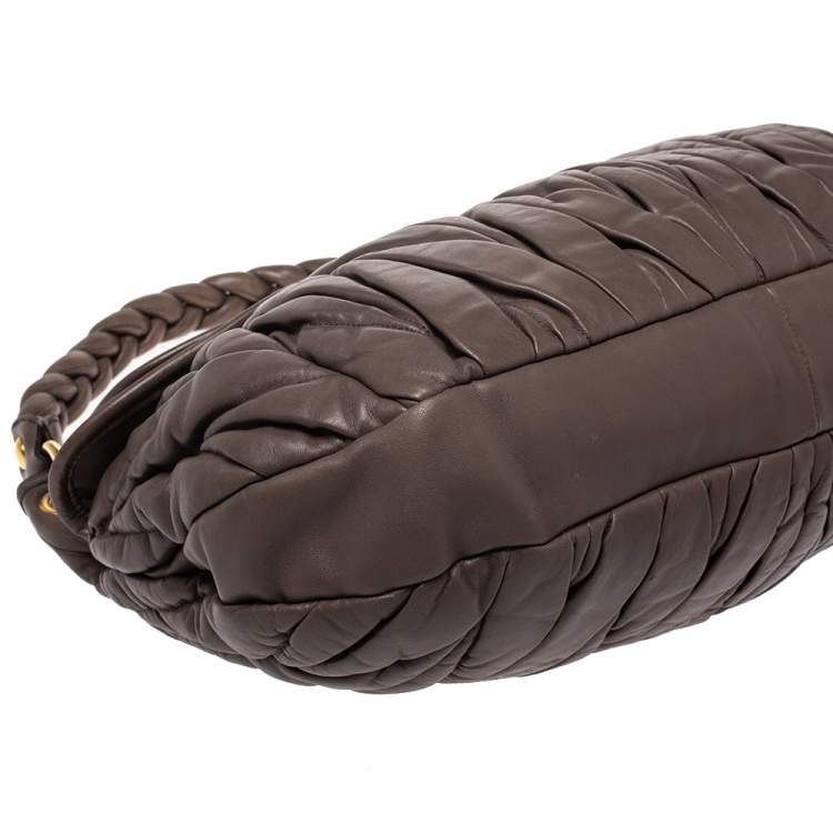 Pre Owned Miu Miu Taupe Matelasse Leather Coffer Hobo