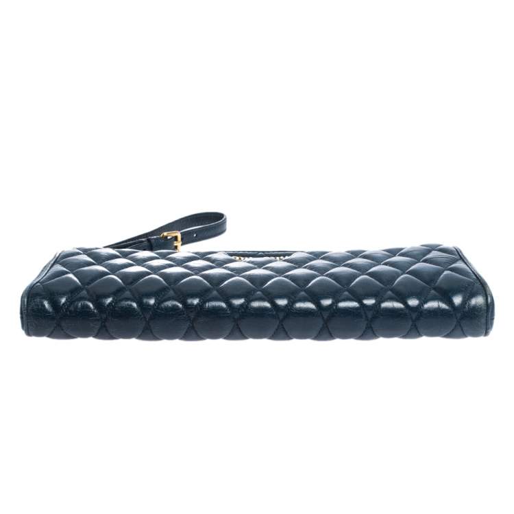Pre Owned Miu Miu Blue Diamond Quilted Leather Zip Wristlet Clutch