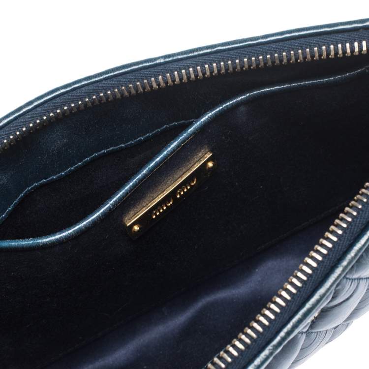 Pre Owned Miu Miu Blue Diamond Quilted Leather Zip Wristlet Clutch