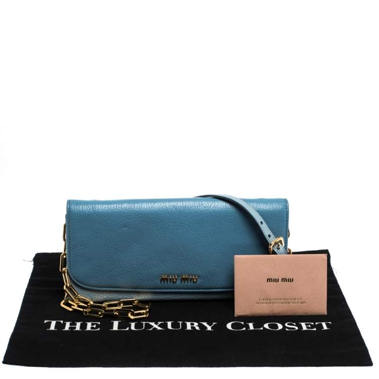 Pre Owned Miu Miu Blue Leather Flap Wallet On Chain