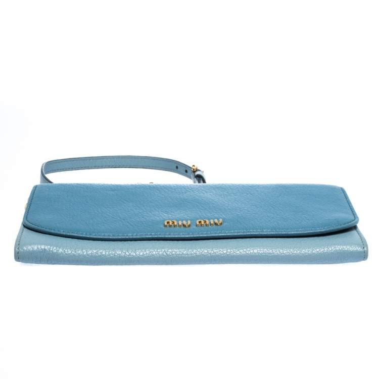 Pre Owned Miu Miu Blue Leather Flap Wallet On Chain
