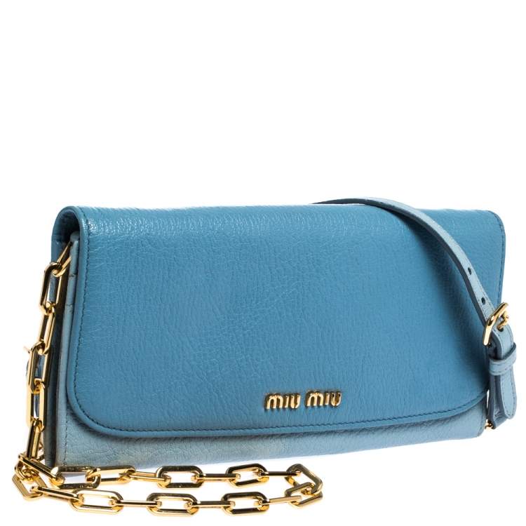 Pre Owned Miu Miu Blue Leather Flap Wallet On Chain