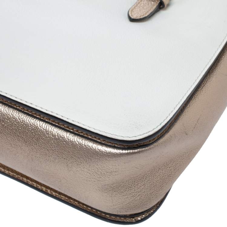 Pre Owned Miu Miu White/Metallic Peach Leather Madras Tote