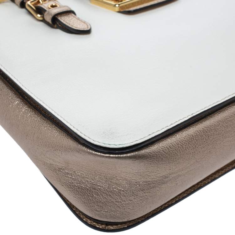 Pre Owned Miu Miu White/Metallic Peach Leather Madras Tote