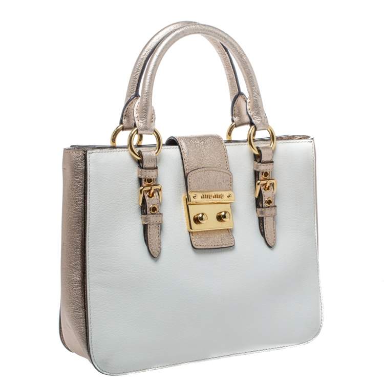 Pre Owned Miu Miu White/Metallic Peach Leather Madras Tote
