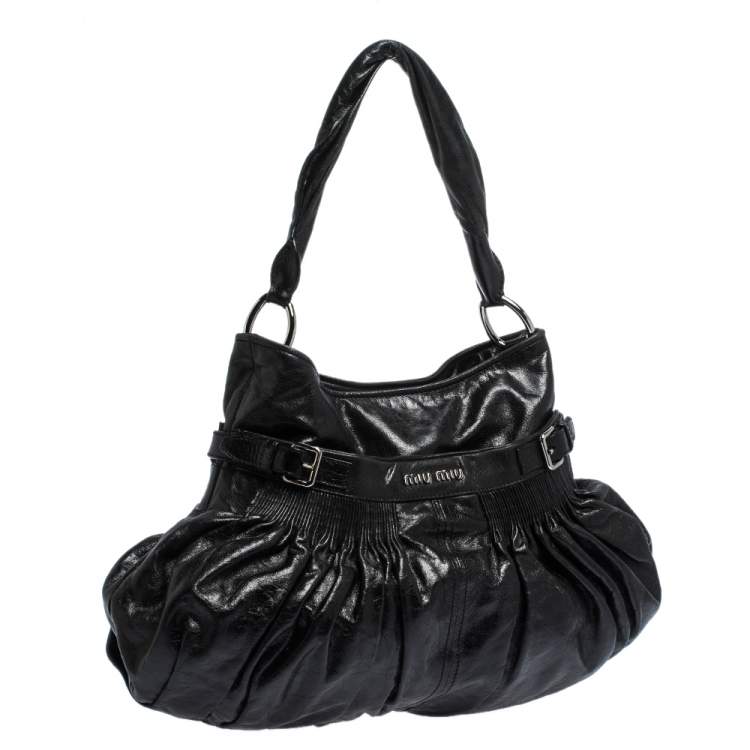 Pre Owned Miu Miu Black Pleated Leather Buckle Hobo