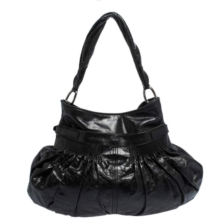 Pre Owned Miu Miu Black Pleated Leather Buckle Hobo