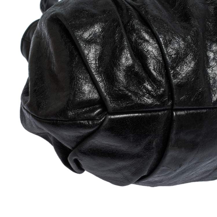 Pre Owned Miu Miu Black Pleated Leather Buckle Hobo