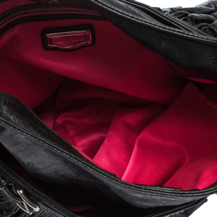 Pre Owned Miu Miu Black Pleated Leather Buckle Hobo