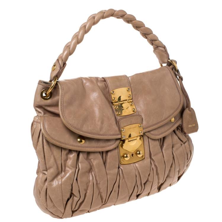 Pre Owned Miu Miu Beige Matelasse Leather Coffer Hobo