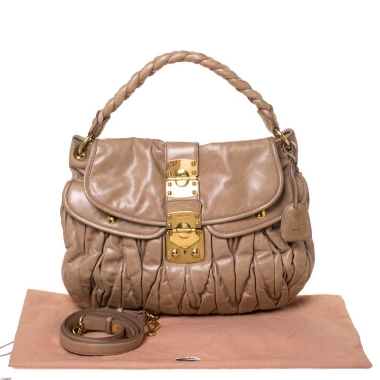 Pre Owned Miu Miu Beige Matelasse Leather Coffer Hobo