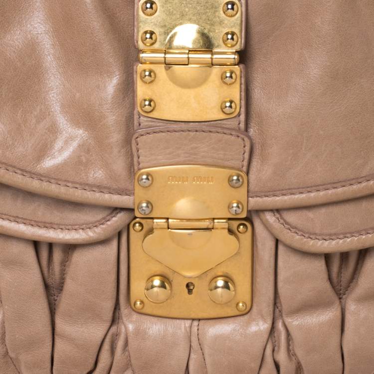 Pre Owned Miu Miu Beige Matelasse Leather Coffer Hobo