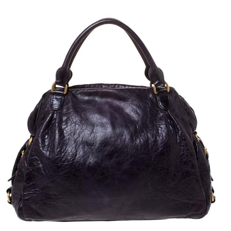 Pre Owned Miu Miu Dark Plum Leather Lily Distressed Satchel