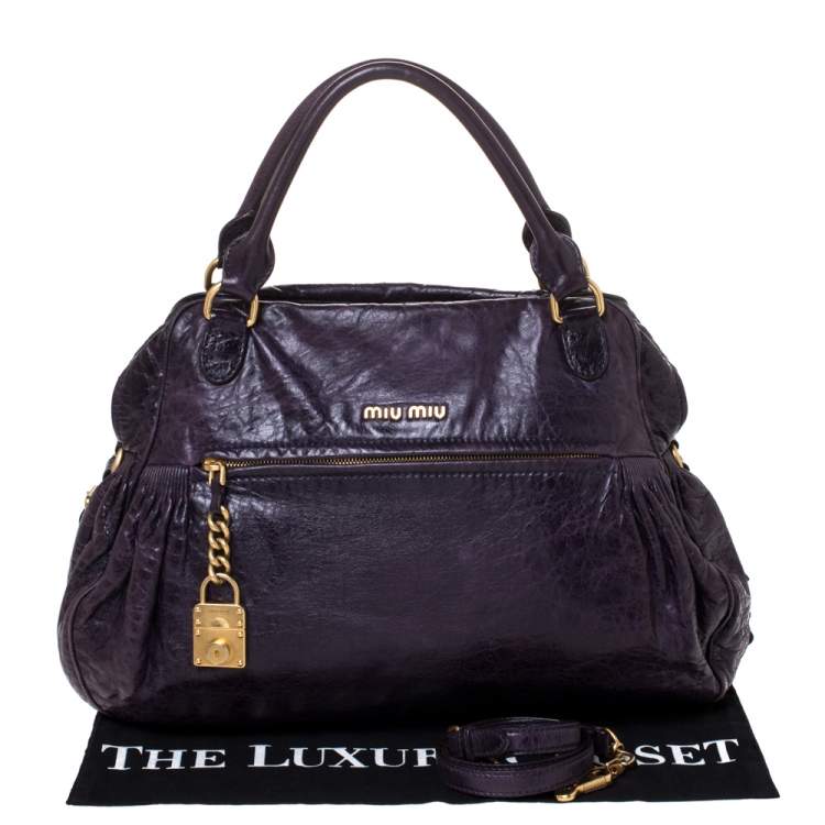 Pre Owned Miu Miu Dark Plum Leather Lily Distressed Satchel