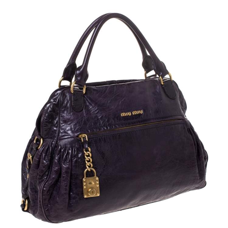 Pre Owned Miu Miu Dark Plum Leather Lily Distressed Satchel
